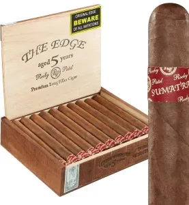 Open box of Rocky Patel The Edge Sumatra cigars with smooth, reddish-brown Sumatra wrappers and bold gold-accented bands.