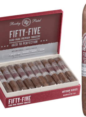 Open box of Rocky Patel Fifty-Five cigars, neatly arranged with dark Nicaraguan wrappers and bold red-and-gold bands.
