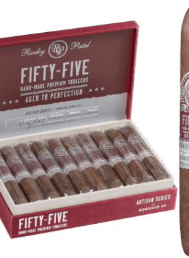 Open box of Rocky Patel Fifty-Five cigars, neatly arranged with dark Nicaraguan wrappers and bold red-and-gold bands.
