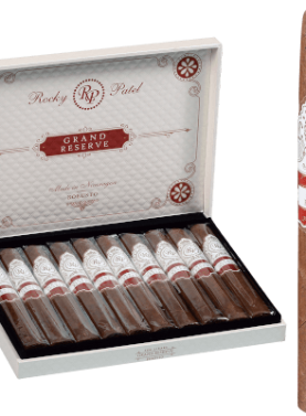 Rocky Patel Grand Reserve cigars displayed with rich brown wrappers and elegant red and gold bands