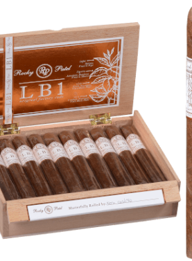 Open box of Rocky Patel LB1 cigars, showcasing smooth Ecuadorian Habano wrappers and clean, elegant presentation.