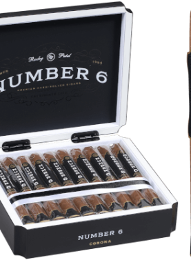 Open box of Rocky Patel Number 6 cigars with smooth, golden-brown wrappers and bright red bands.