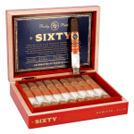 Open box of Rocky Patel Sixty cigars, showcasing perfectly arranged cigars with elegant, rich packaging.