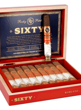 Open box of Rocky Patel Sixty cigars, showcasing perfectly arranged cigars with elegant, rich packaging.