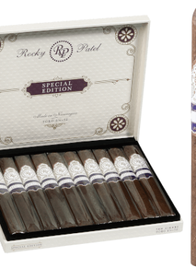 Open box of Rocky Patel Special Edition cigars, showcasing dark, oily Habano wrappers and elegant banding.