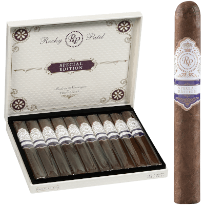 Open box of Rocky Patel Special Edition cigars, showcasing dark, oily Habano wrappers and elegant banding.