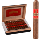 Open box of Rocky Patel Sun Grown cigars with rich brown wrappers arranged in cedar-lined packaging.