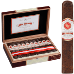 Open box of Rocky Patel Sungrown Maduro cigars showing dark, oily wrappers neatly arranged