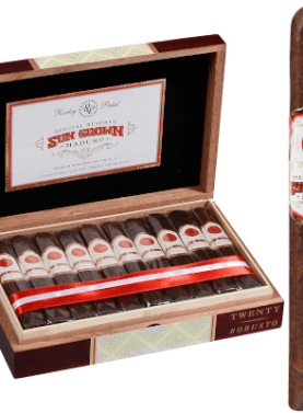 Open box of Rocky Patel Sungrown Maduro cigars showing dark, oily wrappers neatly arranged