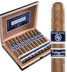 Open box of Rocky Patel Vintage 2003 cigars, neatly arranged with their smooth, light Cameroon wrappers