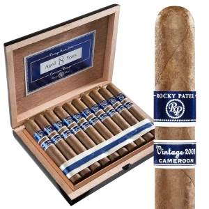 Open box of Rocky Patel Vintage 2003 cigars, neatly arranged with their smooth, light Cameroon wrappers