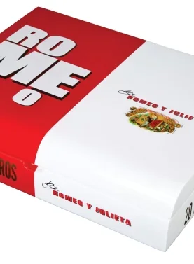Closed box of ROMEO by Romeo y Julieta cigars with bold red and black design and modern branding.