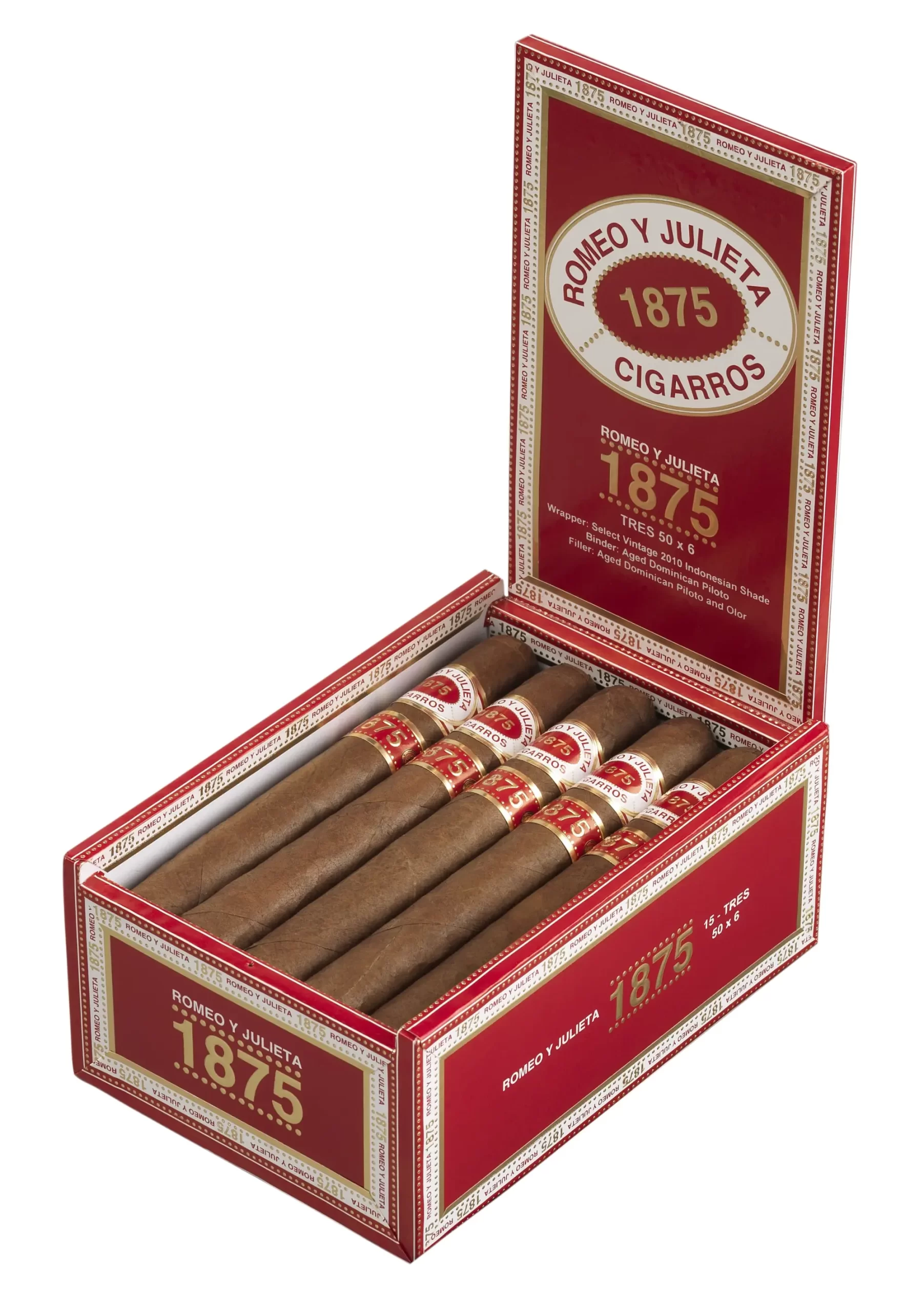 Open box of 1875 by Romeo y Julieta cigars featuring golden-brown wrappers and classic red-and-white bands.