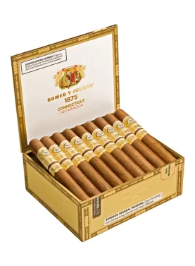 Open box of Romeo y Julieta 1875 Connecticut Nicaragua cigars featuring golden wrappers and red-and-white bands.