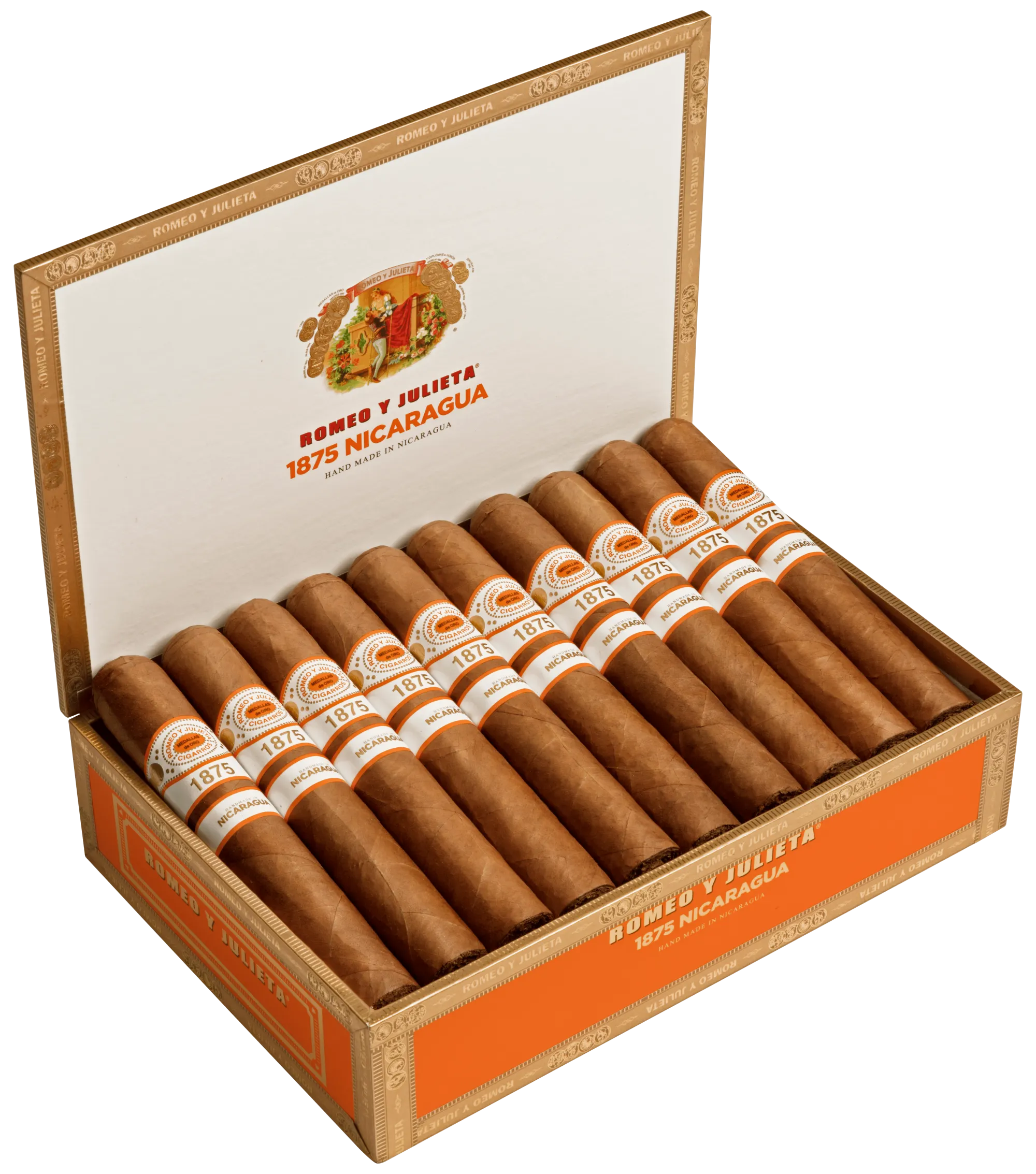 Open box of Romeo y Julieta 1875 Nicaragua cigars featuring dark Nicaraguan wrappers and elegant red-and-gold bands.