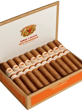 Open box of Romeo y Julieta 1875 Nicaragua cigars featuring dark Nicaraguan wrappers and elegant red-and-gold bands.