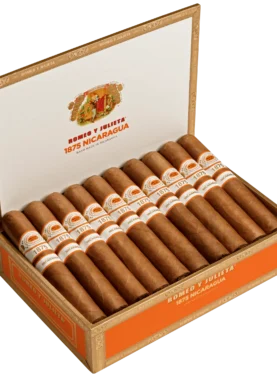 Open box of Romeo y Julieta 1875 Nicaragua cigars featuring dark Nicaraguan wrappers and elegant red-and-gold bands.