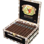 Open box of Romeo y Julieta 1875 Reserve Maduro cigars with dark, oily wrappers and black-and-silver bands.