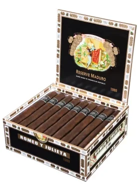 Open box of Romeo y Julieta 1875 Reserve Maduro cigars with dark, oily wrappers and black-and-silver bands.