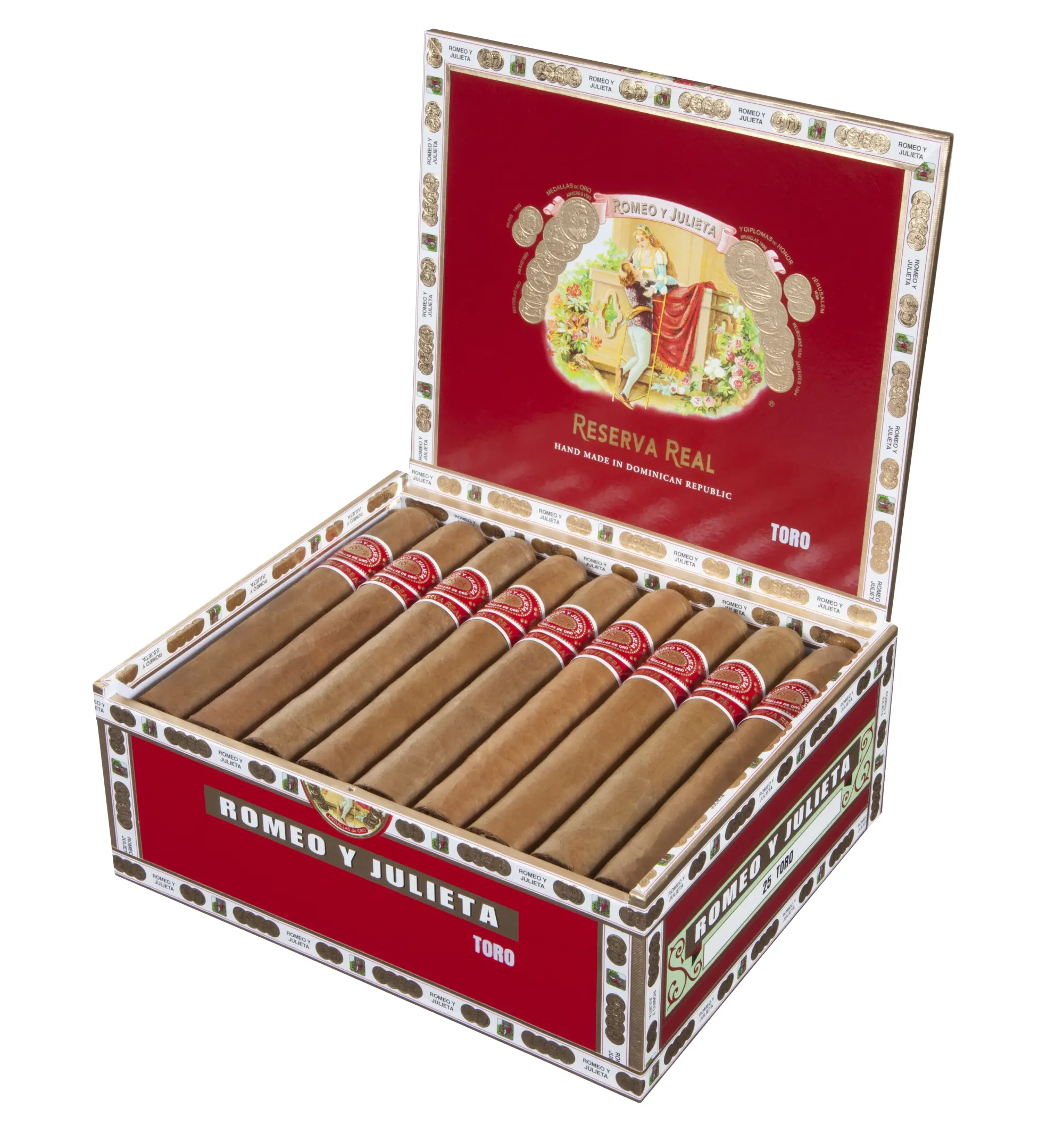 Open box of Romeo y Julieta Reserva Real cigars with neatly arranged cigars showcasing smooth, creamy Connecticut Shade wrappers.