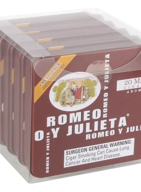Closed box of Romeo y Julieta Minis featuring classic red, white, and gold branding in a compact tin.