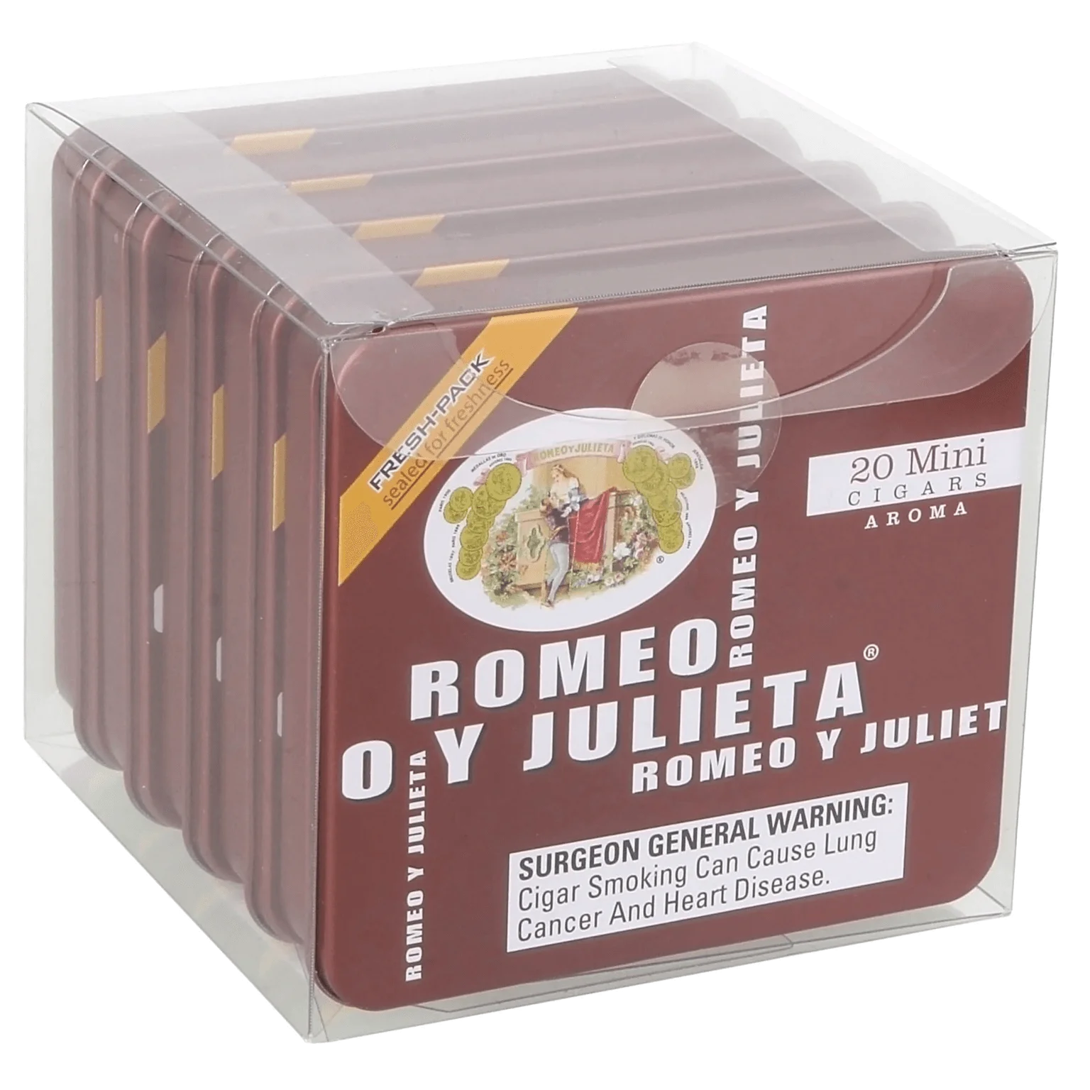 Closed box of Romeo y Julieta Minis featuring classic red, white, and gold branding in a compact tin.