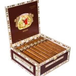 Open box of Romeo y Julieta Reserve cigars with dark Ecuadorian Sumatra wrappers and premium red and gold bands.