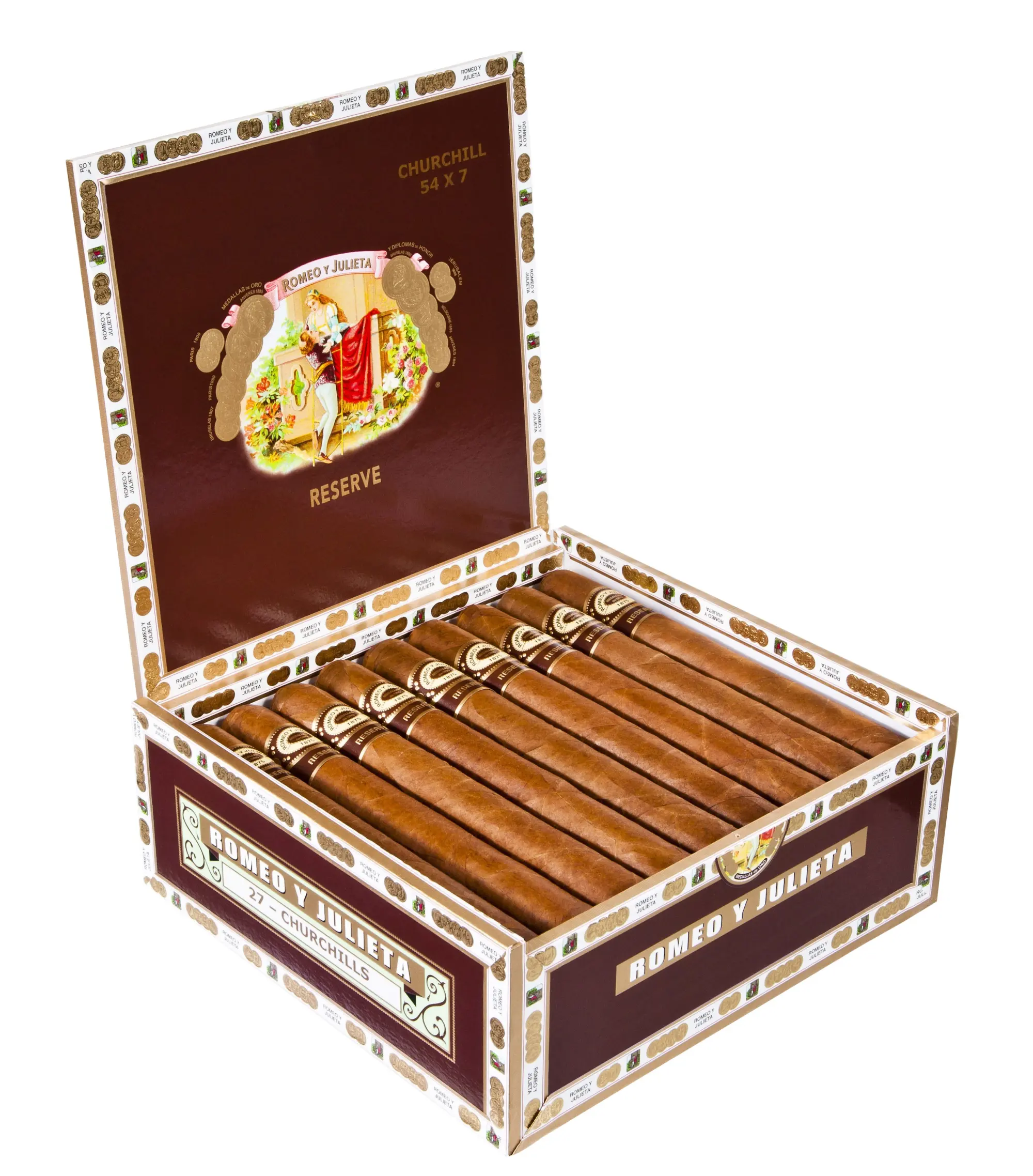 Open box of Romeo y Julieta Reserve cigars with dark Ecuadorian Sumatra wrappers and premium red and gold bands.