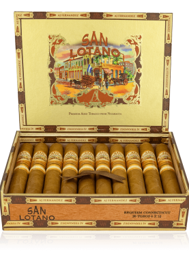 An open box of San Lotano Connecticut cigars, featuring light, creamy Ecuadorian Connecticut wrappers and neatly arranged cigars, highlighting their smooth and mild flavor profile.