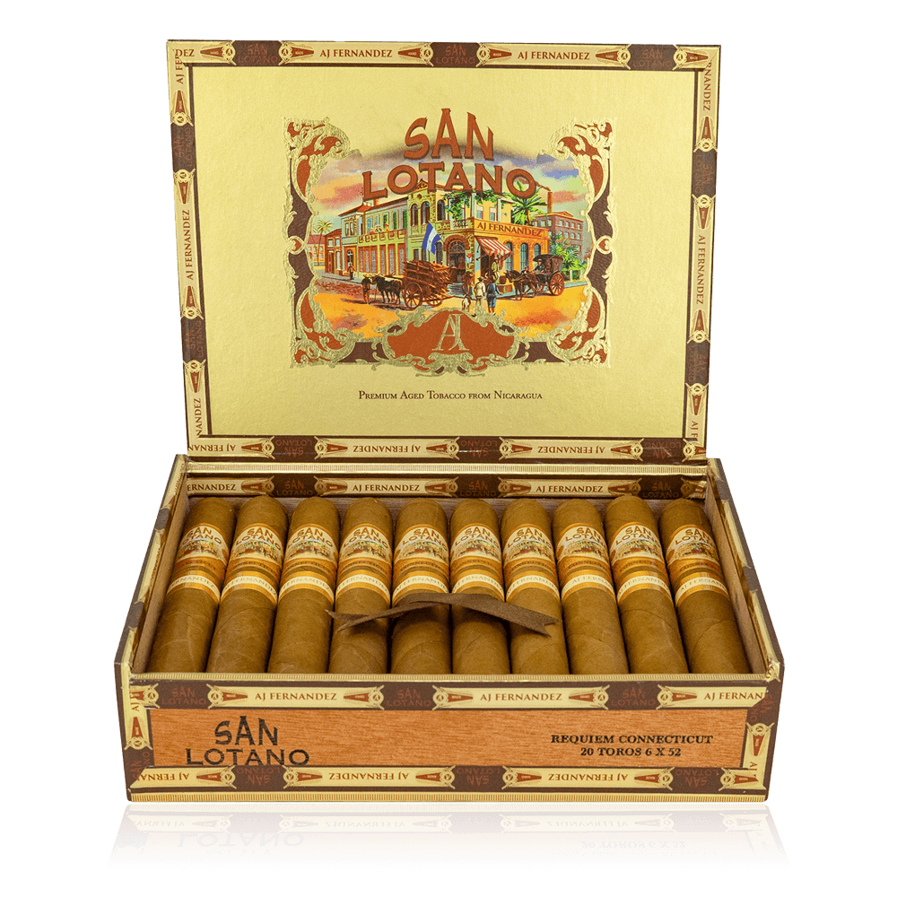 An open box of San Lotano Connecticut cigars, featuring light, creamy Ecuadorian Connecticut wrappers and neatly arranged cigars, highlighting their smooth and mild flavor profile.