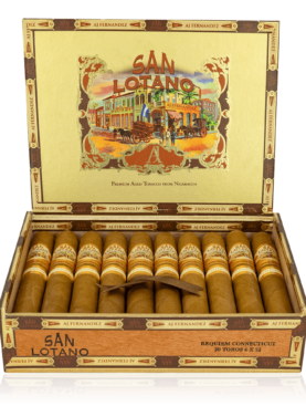 An open box of San Lotano Connecticut cigars, featuring light, creamy Ecuadorian Connecticut wrappers and neatly arranged cigars, highlighting their smooth and mild flavor profile.