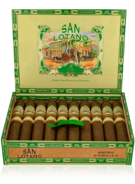 An open box of San Lotano Habano cigars, showcasing their reddish-brown Ecuadorian Habano wrappers and neat arrangement, emphasizing the premium craftsmanship and rich, balanced flavor profile