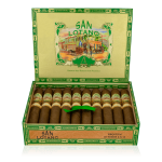 An open box of San Lotano Habano cigars, showcasing their reddish-brown Ecuadorian Habano wrappers and neat arrangement, emphasizing the premium craftsmanship and rich, balanced flavor profile
