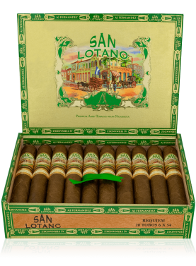 An open box of San Lotano Habano cigars, showcasing their reddish-brown Ecuadorian Habano wrappers and neat arrangement, emphasizing the premium craftsmanship and rich, balanced flavor profile
