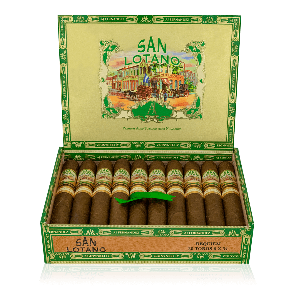 An open box of San Lotano Habano cigars, showcasing their reddish-brown Ecuadorian Habano wrappers and neat arrangement, emphasizing the premium craftsmanship and rich, balanced flavor profile