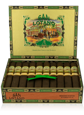 An open box of San Lotano Maduro cigars, featuring dark, oily Maduro wrappers and neatly arranged with their distinctive bands, highlighting their premium construction and rich, full-bodied appeal.