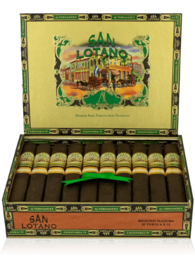 An open box of San Lotano Maduro cigars, featuring dark, oily Maduro wrappers and neatly arranged with their distinctive bands, highlighting their premium construction and rich, full-bodied appeal.