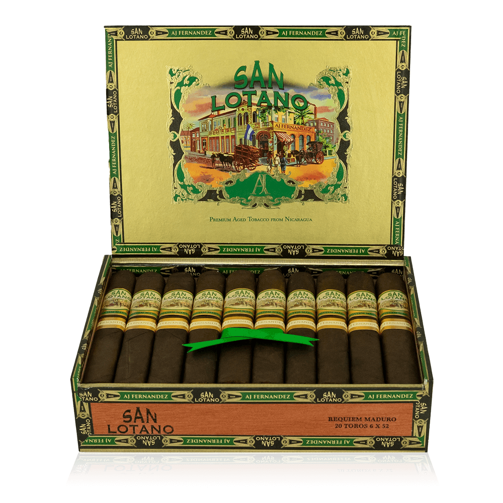 An open box of San Lotano Maduro cigars, featuring dark, oily Maduro wrappers and neatly arranged with their distinctive bands, highlighting their premium construction and rich, full-bodied appeal.
