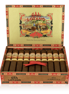 An open box of San Lotano The Bull Sumatra cigars, featuring dark, oily Sumatra wrappers and neatly arranged cigars, showcasing their bold, full-bodied appeal and rich, complex flavor profile