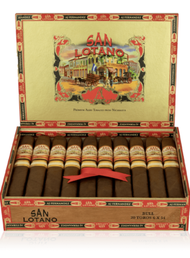 An open box of San Lotano The Bull Sumatra cigars, featuring dark, oily Sumatra wrappers and neatly arranged cigars, showcasing their bold, full-bodied appeal and rich, complex flavor profile