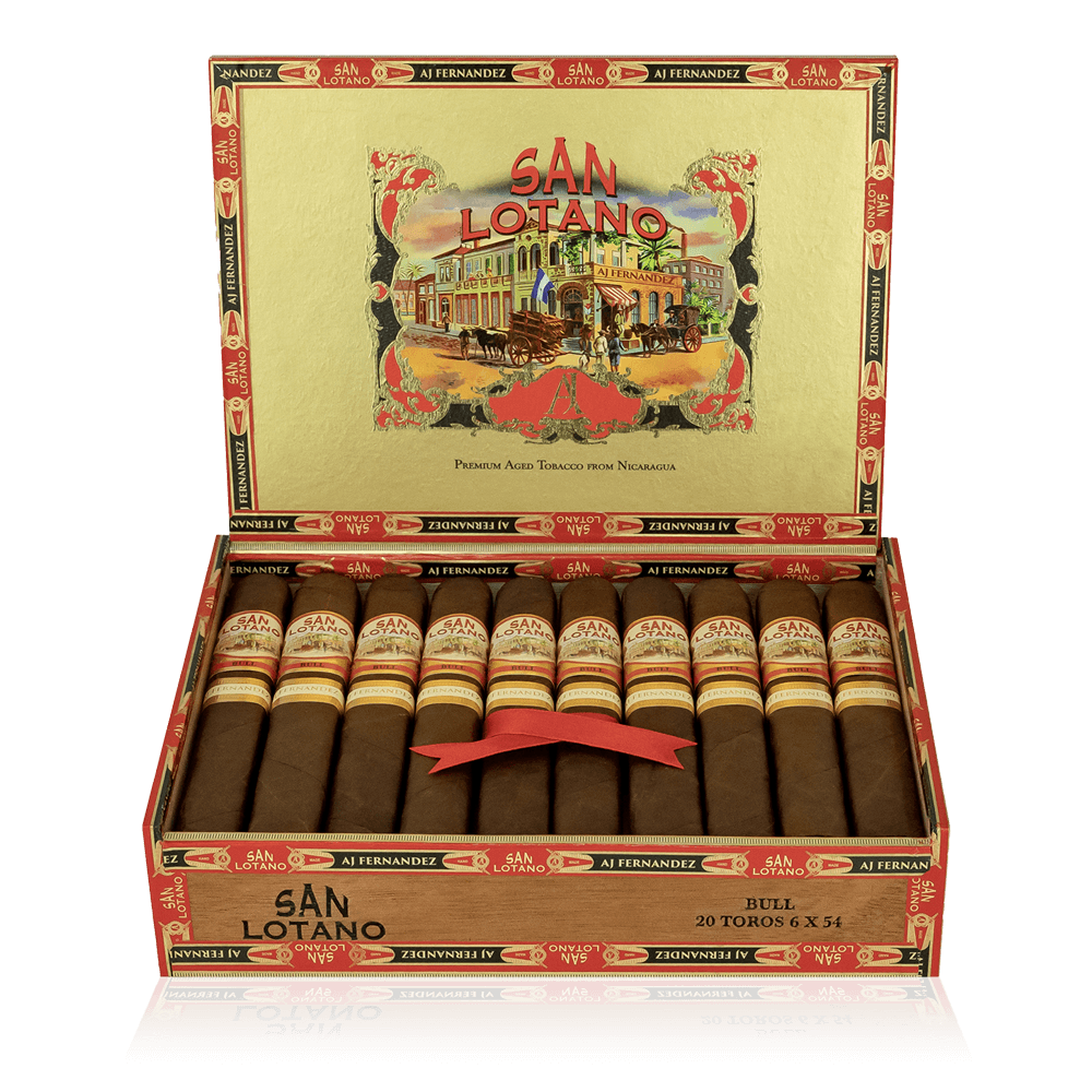 An open box of San Lotano The Bull Sumatra cigars, featuring dark, oily Sumatra wrappers and neatly arranged cigars, showcasing their bold, full-bodied appeal and rich, complex flavor profile