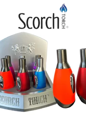 Two Scorch Torch Single Flame Lighters in front with a full display of lighters in the background.