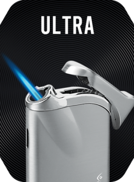 Silver Vector Ultra Lighter with a lit single torch flame.