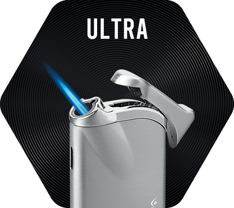 Silver Vector Ultra Lighter with a lit single torch flame.