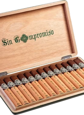Open box of Sin Compromiso cigars with dark wrappers and elegant black-and-silver bands