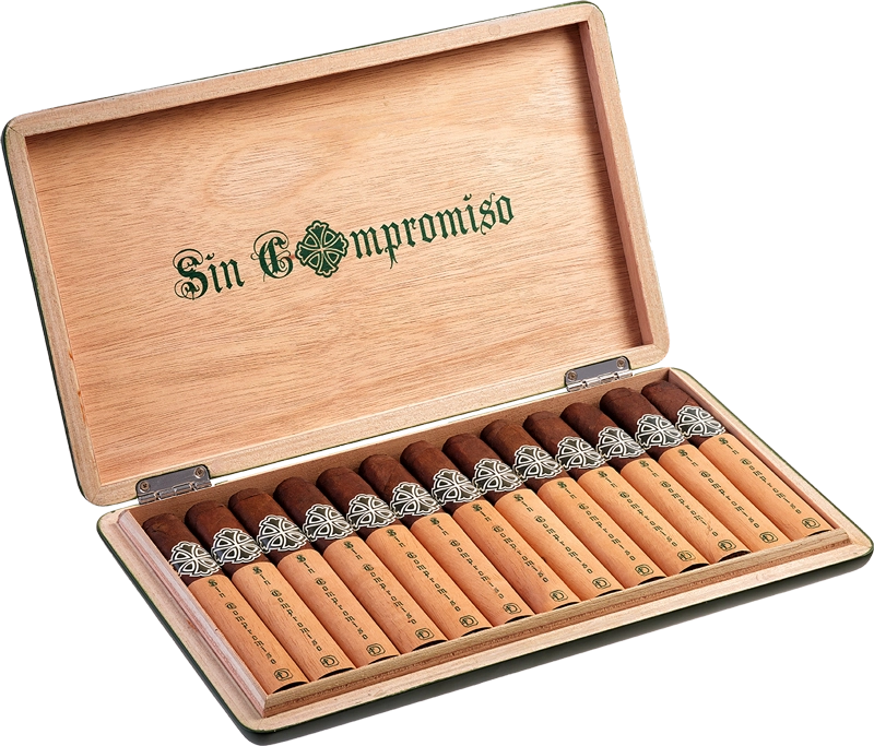 Open box of Sin Compromiso cigars with dark wrappers and elegant black-and-silver bands