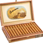 Open box of Sobremesa Brûlée cigars with light Connecticut wrappers and gold-trimmed bands
