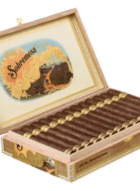 Open box of Sobremesa cigars with dark, oily wrappers and elegant gold-trimmed bands