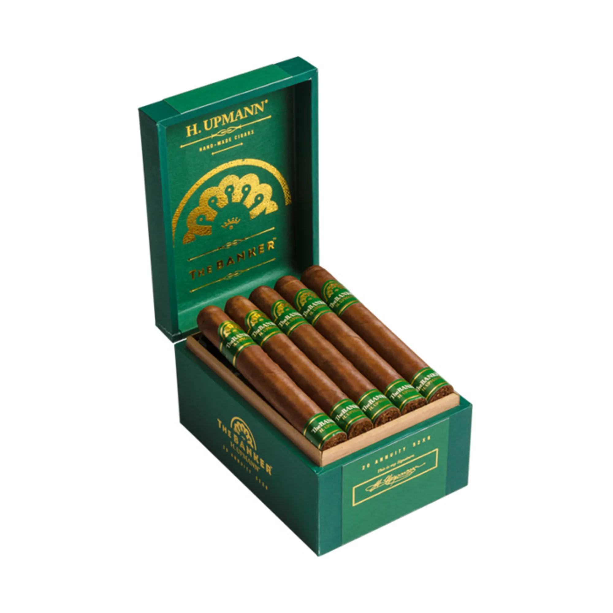 Open box of The Banker by H. Upmann cigars neatly arranged inside.