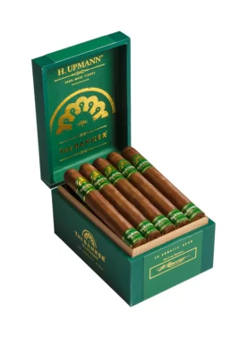 Open box of The Banker by H. Upmann cigars neatly arranged inside.